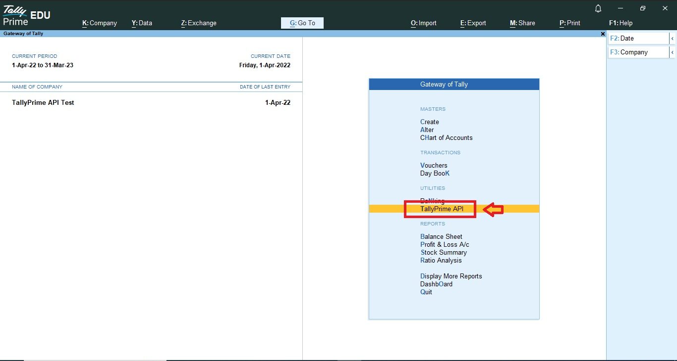 Enable TallyPrime API Module on Gateway of Tally