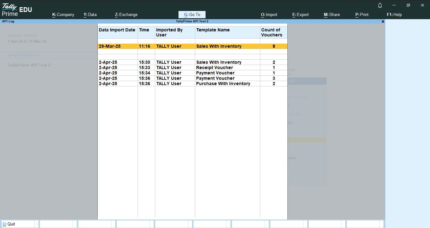 TallyPrime POST API Log