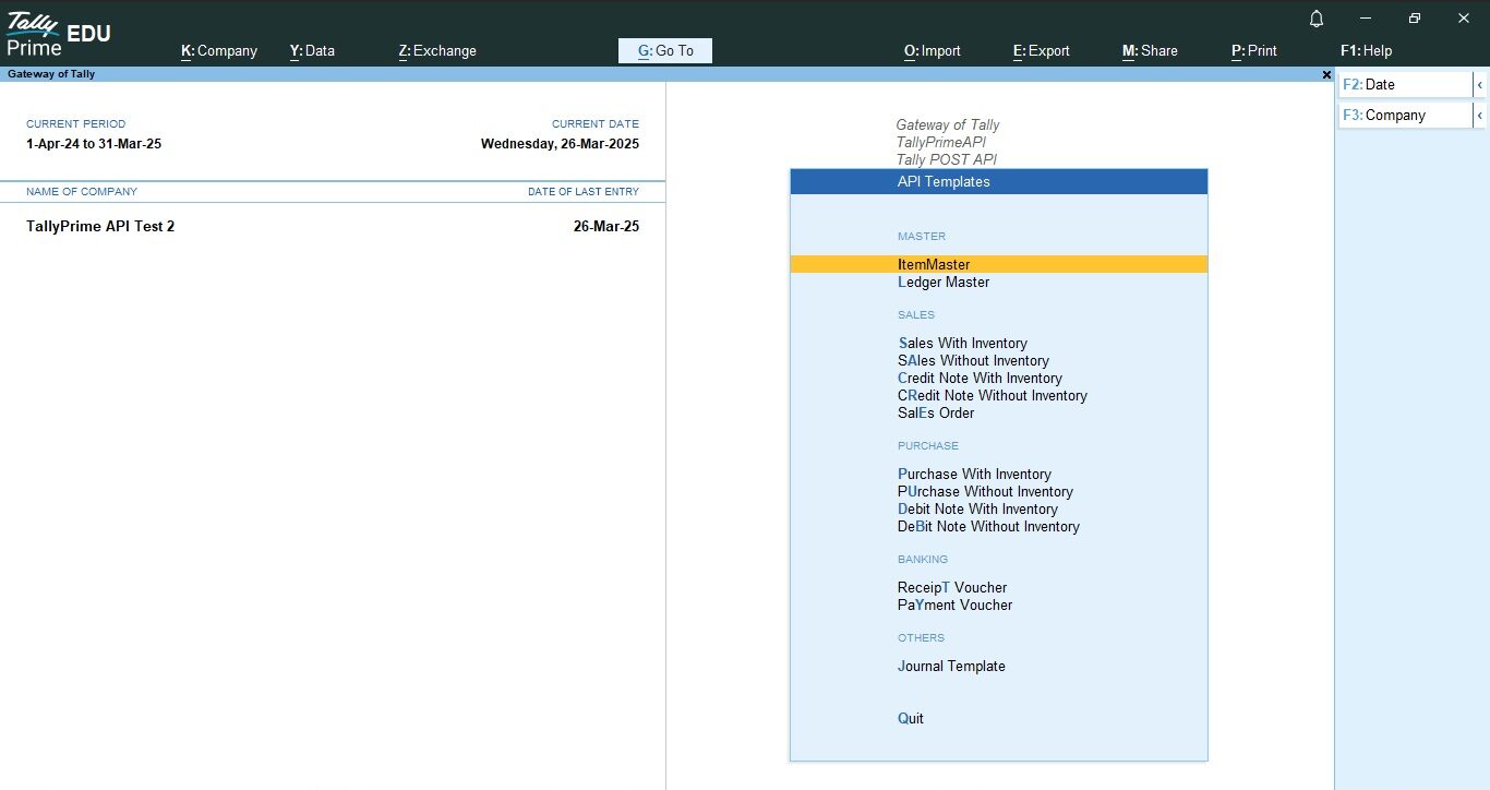 TallyPrime POST API Templates