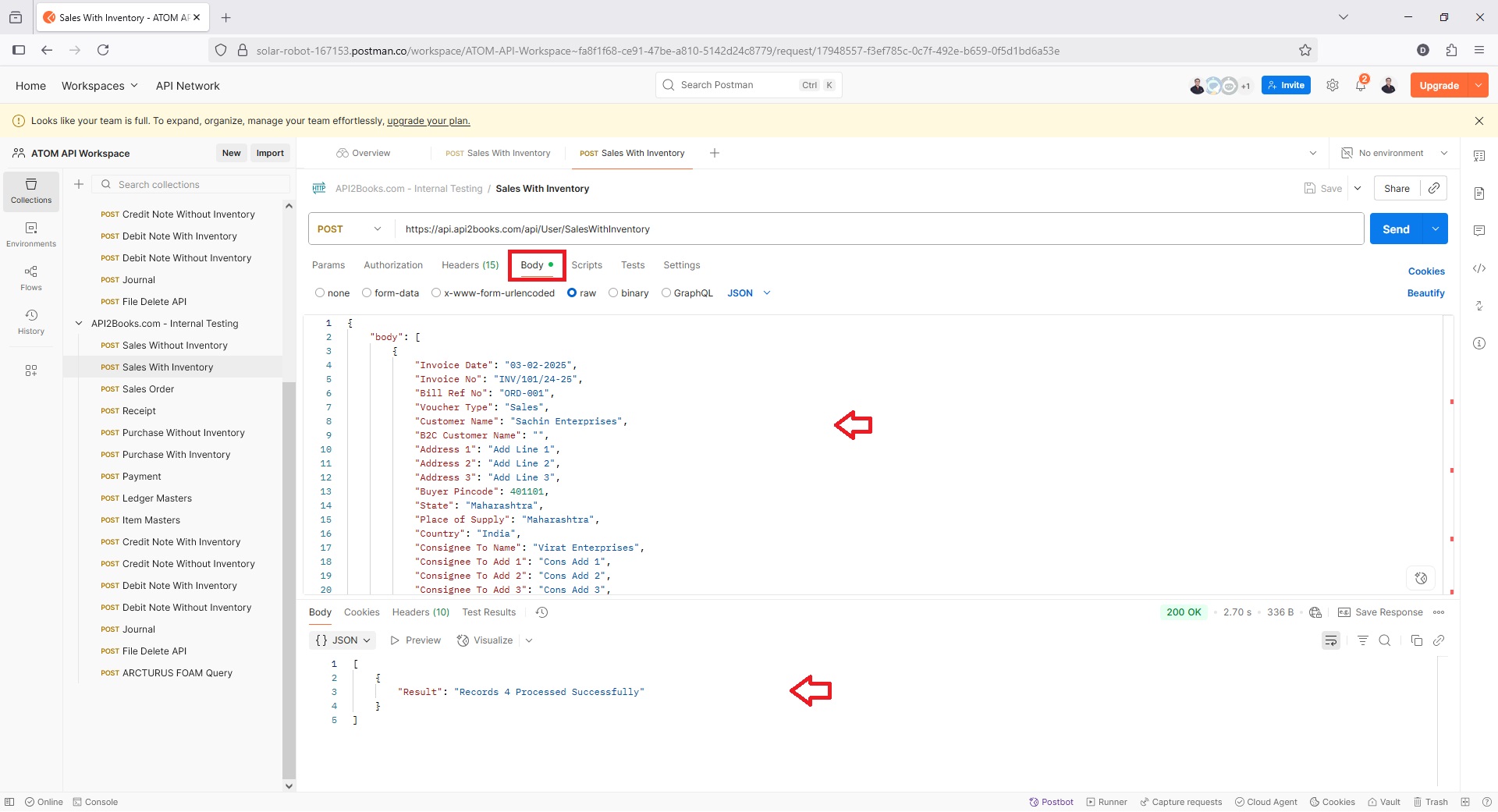 TallyPrime POST API POSTMAN Body